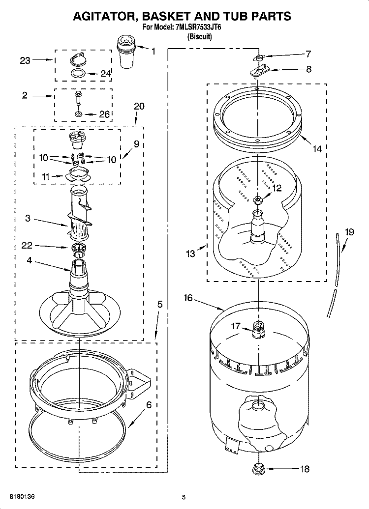 AGITATOR, BASKET AND TUB PARTS Diagram and Parts List for 7MLSR7533JT6  Whirlpool Washer