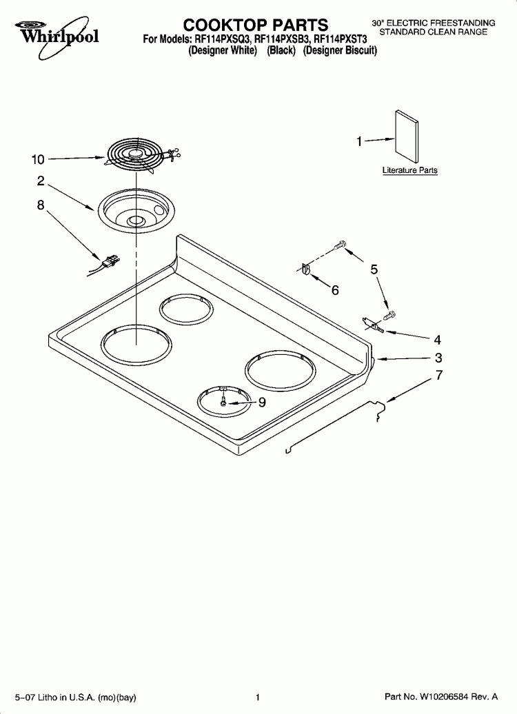 COOKTOP PARTS Diagram and Parts List for RF114PXSB3  Whirlpool Range
