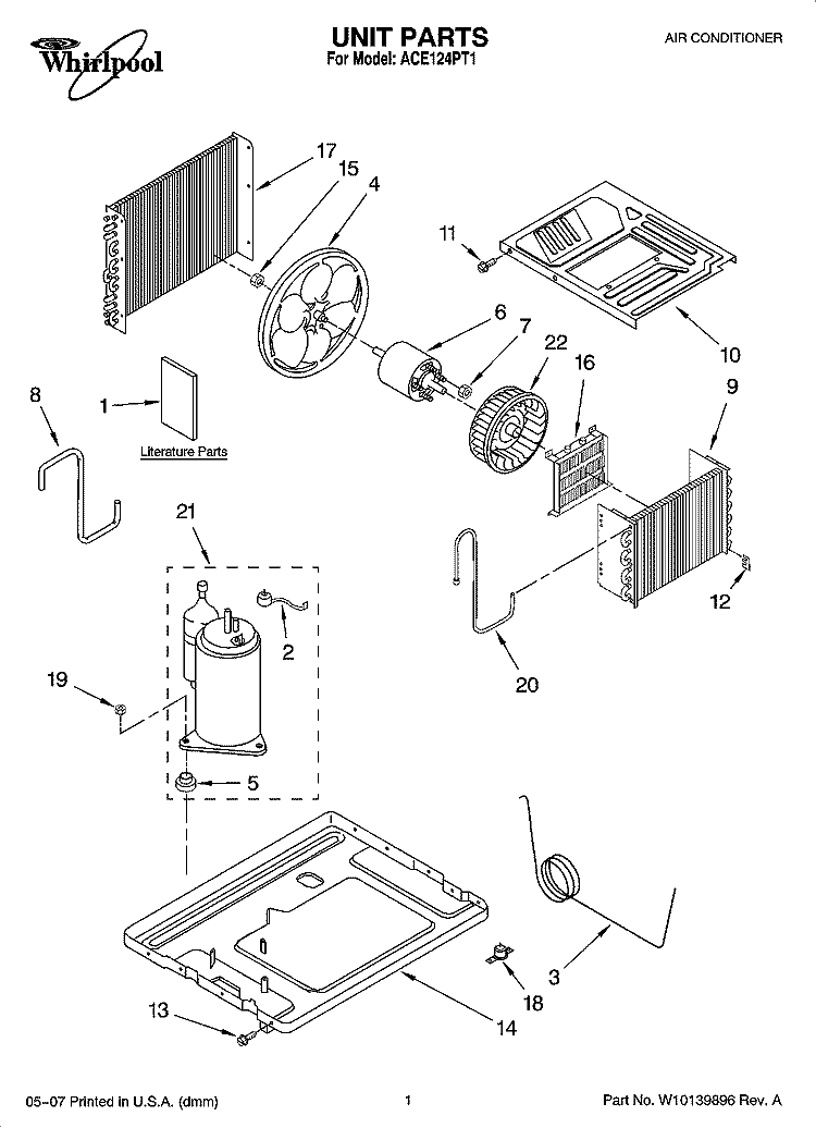 UNIT PARTS Diagram and Parts List for ACE124PT1  Whirlpool Air Conditioner