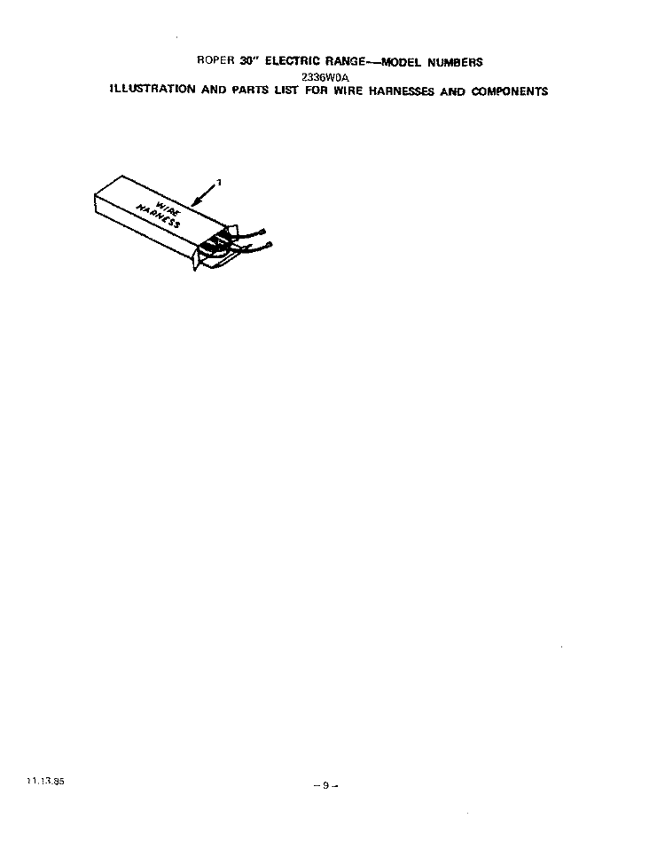 WIRE HARNESS Diagram and Parts List for 2336W0A  Roper Range