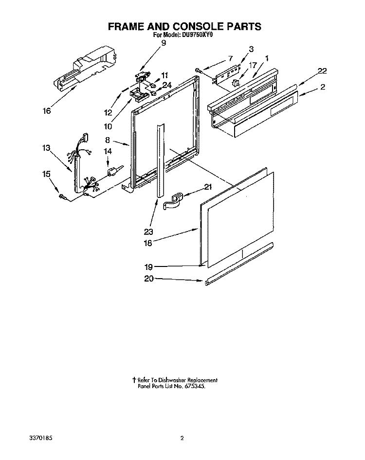 FRAME AND CONSOLE Diagram and Parts List for DU9750XY0  Whirlpool Dishwasher