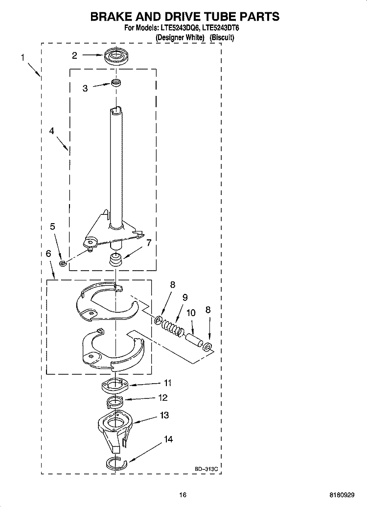 BRAKE AND DRIVE TUBE PARTS Diagram and Parts List for LTE5243DQ6  Whirlpool Washer Dryer Combo
