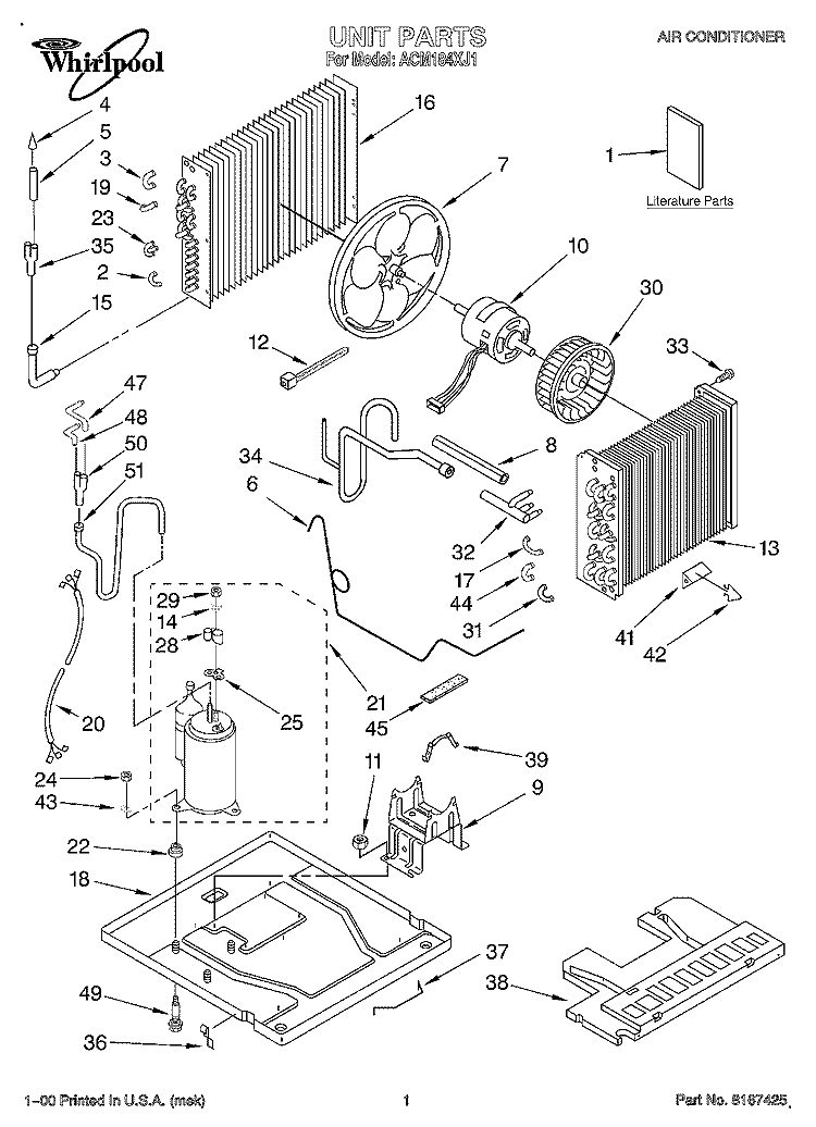 UNIT, LITERATURE Diagram and Parts List for ACM184XJ1  Whirlpool Air Conditioner