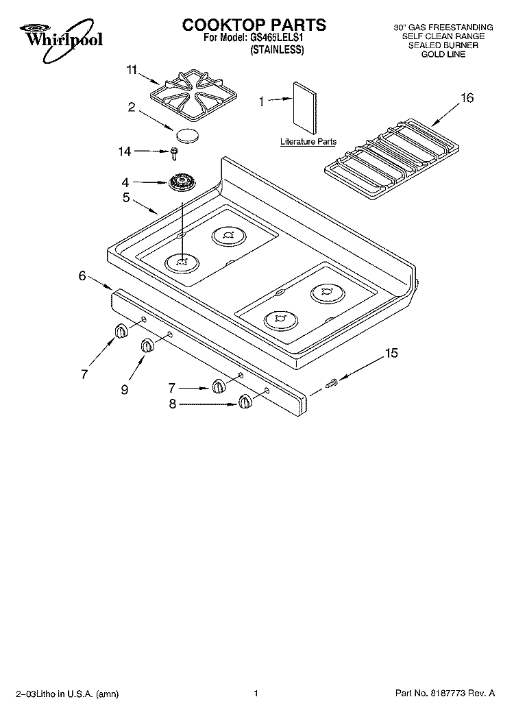 COOKTOP PARTS Diagram and Parts List for GS465LELS1  Whirlpool Range