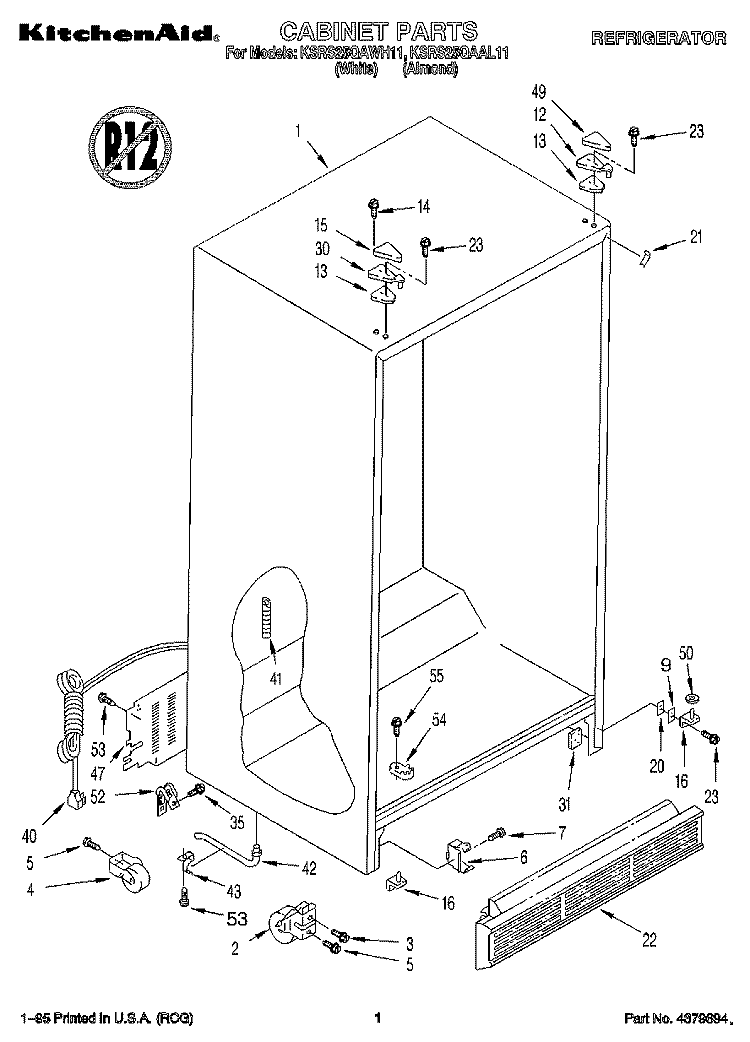 CABINET Diagram and Parts List for KSRS25QAAL11  KitchenAid Refrigerator