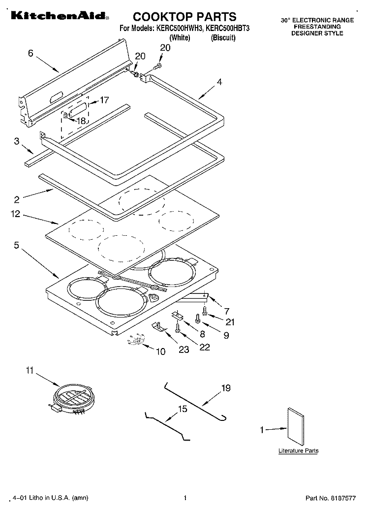 COOKTOP, LITERATURE Diagram and Parts List for KERC500HBT3  KitchenAid Range