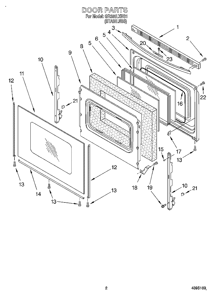 DOOR Diagram and Parts List for GR399LXHS1  Whirlpool Range