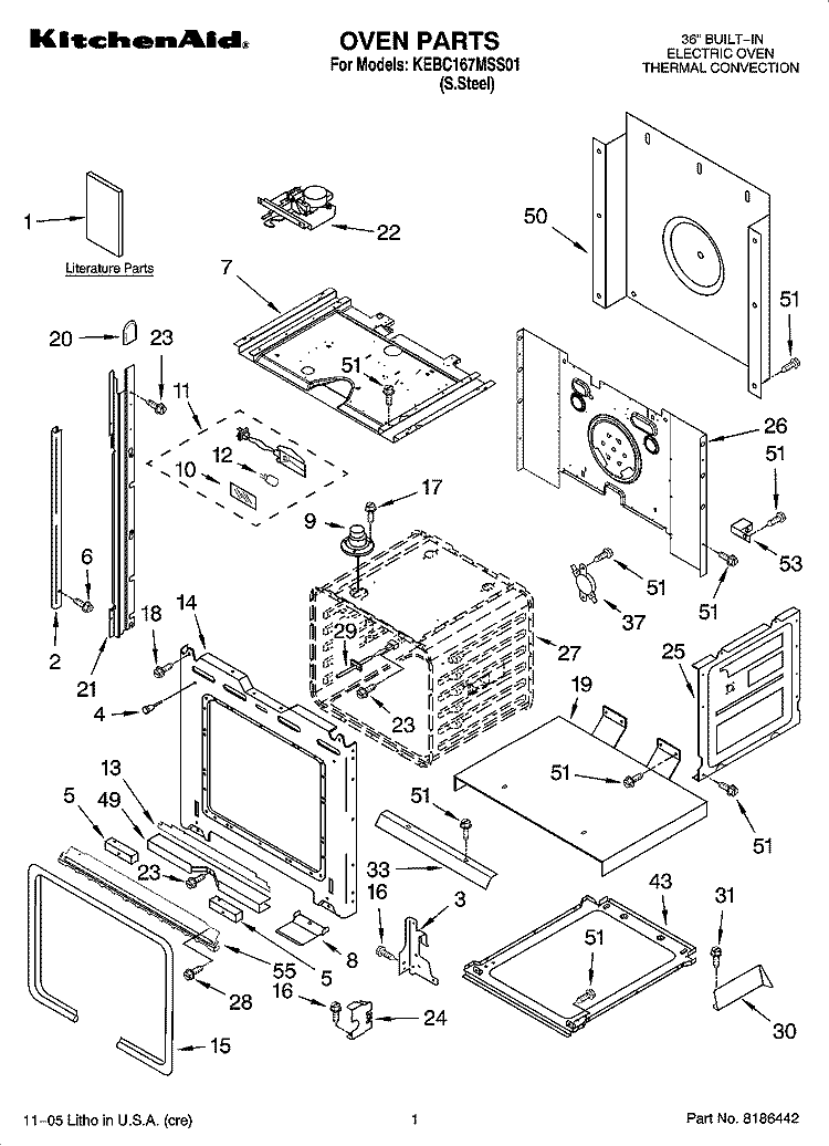 OVEN PARTS Diagram and Parts List for KEBC167MSS01  KitchenAid Wall Oven