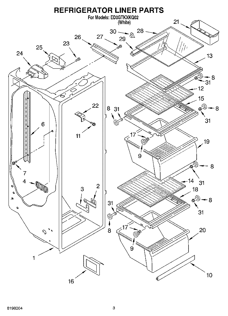 REFRIGERATOR LINER Diagram and Parts List for ED0GTKXKQ02  Whirlpool Refrigerator