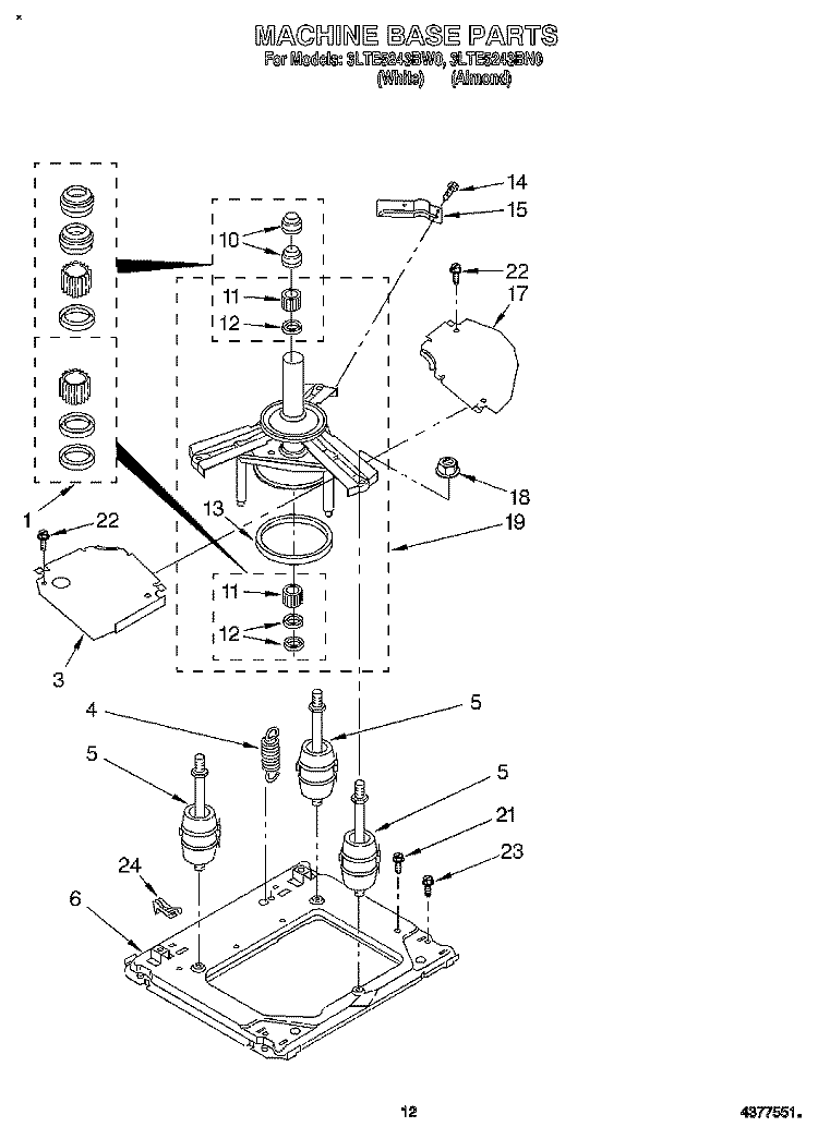 MACHINE BASE Diagram and Parts List for 3LTE5243BW0  Whirlpool Washer Dryer Combo