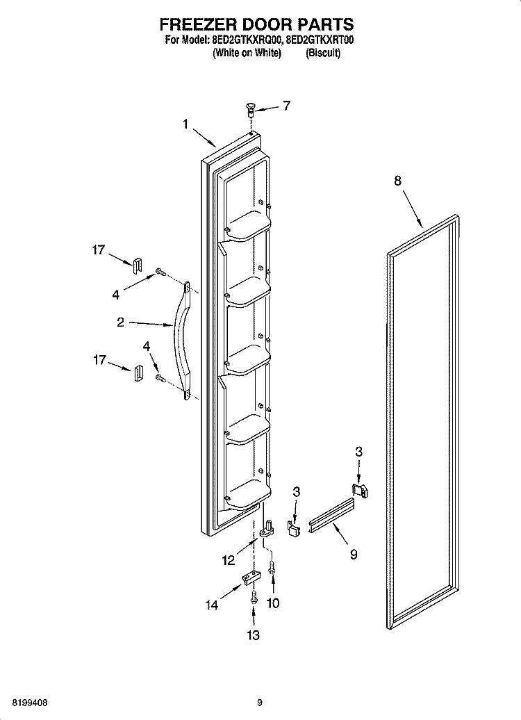 FREEZER DOOR PARTS Diagram and Parts List for 8ED2GTKXRT00  Whirlpool Refrigerator
