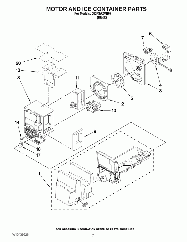 MOTOR AND ICE CONTAINER PARTS Diagram and Parts List for GI0FSAXVB07  Whirlpool Refrigerator