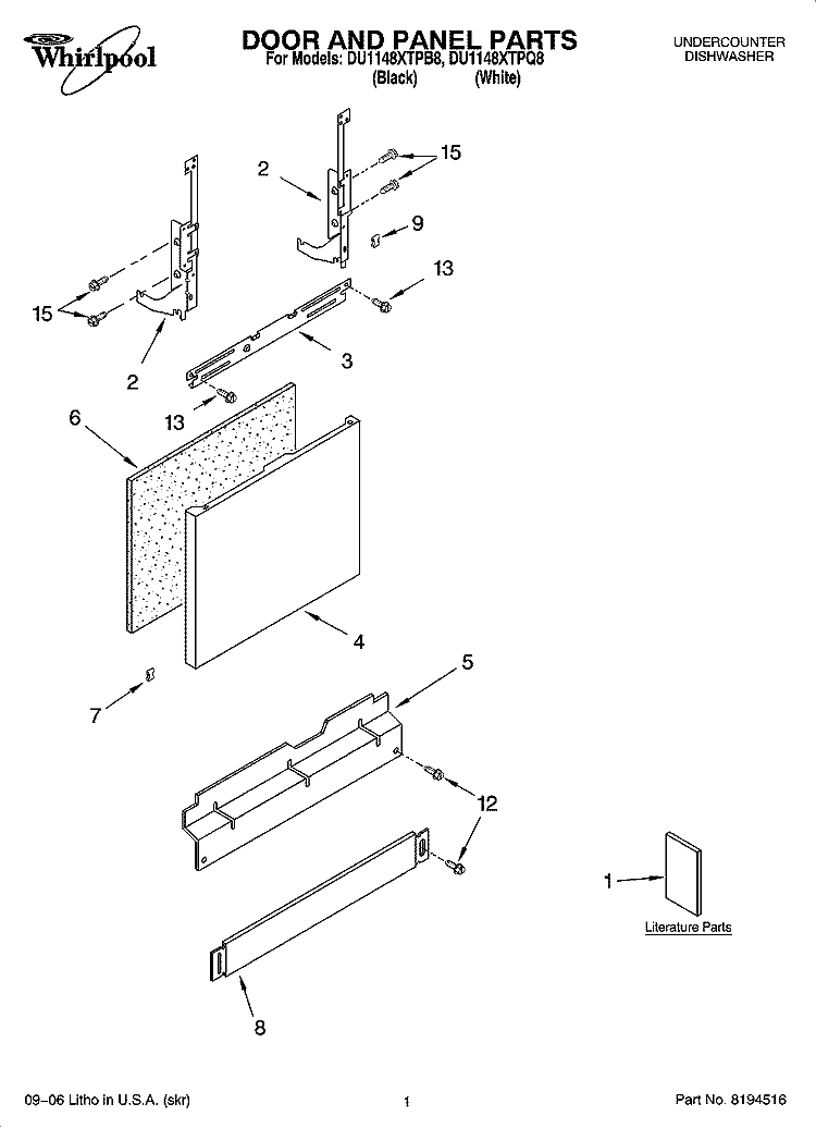 DOOR AND PANEL PARTS Diagram and Parts List for DU1148XTPQ8  Whirlpool Dishwasher