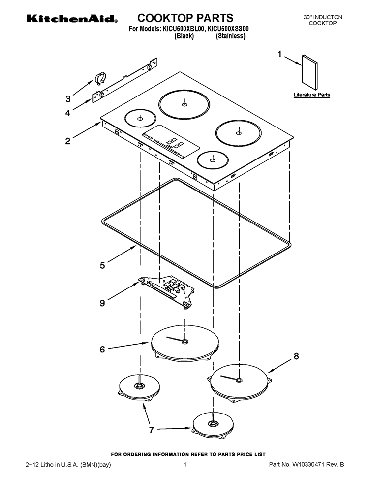 COOKTOP PARTS Diagram and Parts List for KICU500XBL00  KitchenAid Cooktop