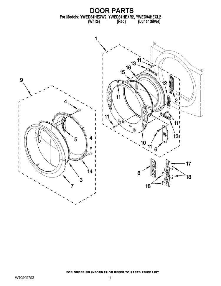 DOOR PARTS Diagram and Parts List for YWED94HEXW2  Whirlpool Dryer