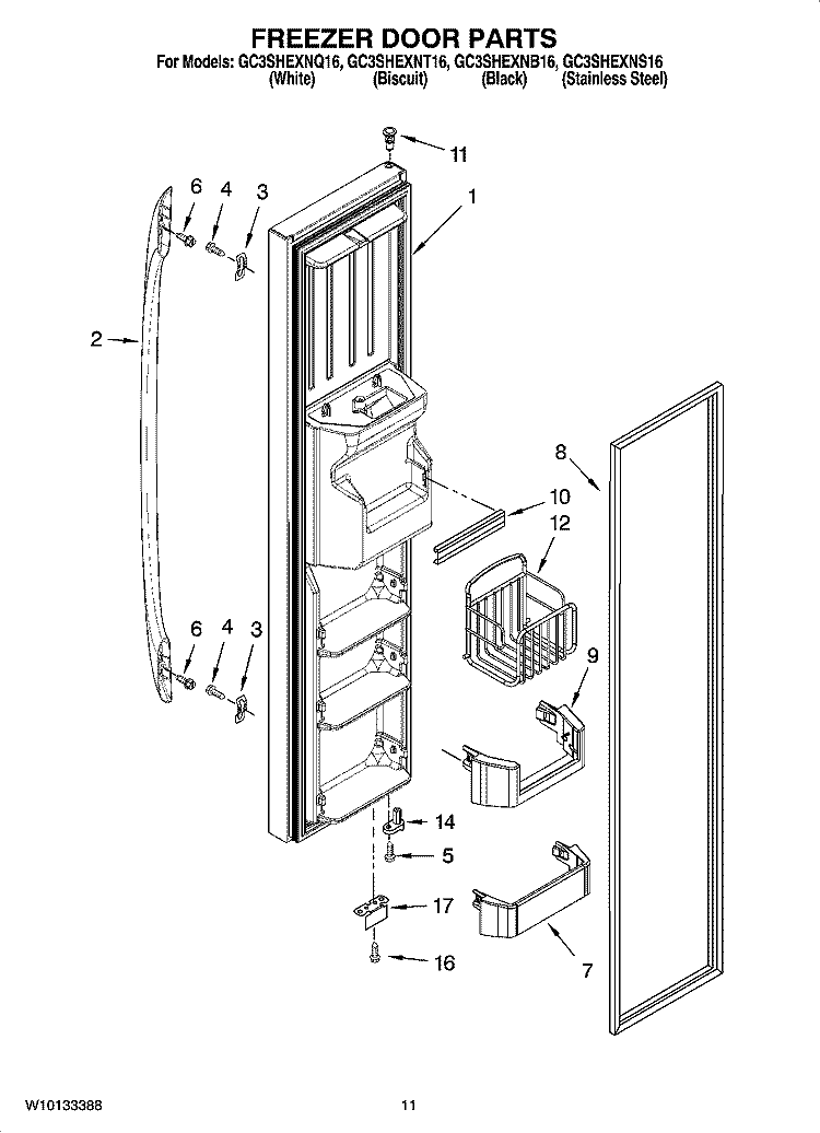 FREEZER DOOR PARTS Diagram and Parts List for GC3SHEXNT16  Whirlpool Refrigerator