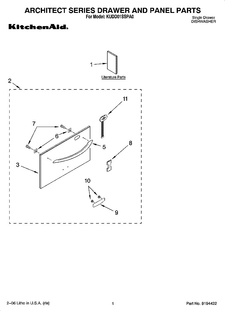 ARCHITECT SERIES DRAWER AND PANEL PARTS Diagram and Parts List for KUDD01SSPA0  KitchenAid Dishwasher