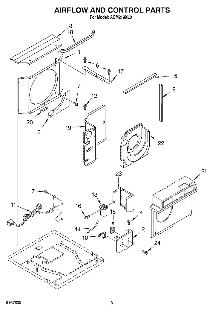 AIR FLOW AND CONTROL Diagram and Parts List for ACM219XL0  Whirlpool Air Conditioner