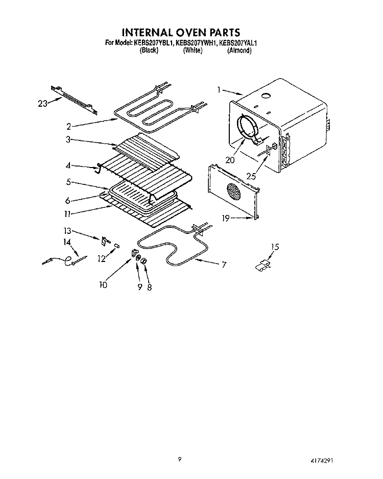 INTERNAL OVEN Diagram and Parts List for KEBS207YAL1  KitchenAid Wall Oven