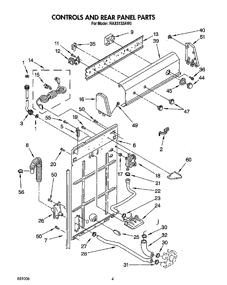 CONTROLS AND REAR PANEL Diagram and Parts List for RAX5133AG0  Roper Washer