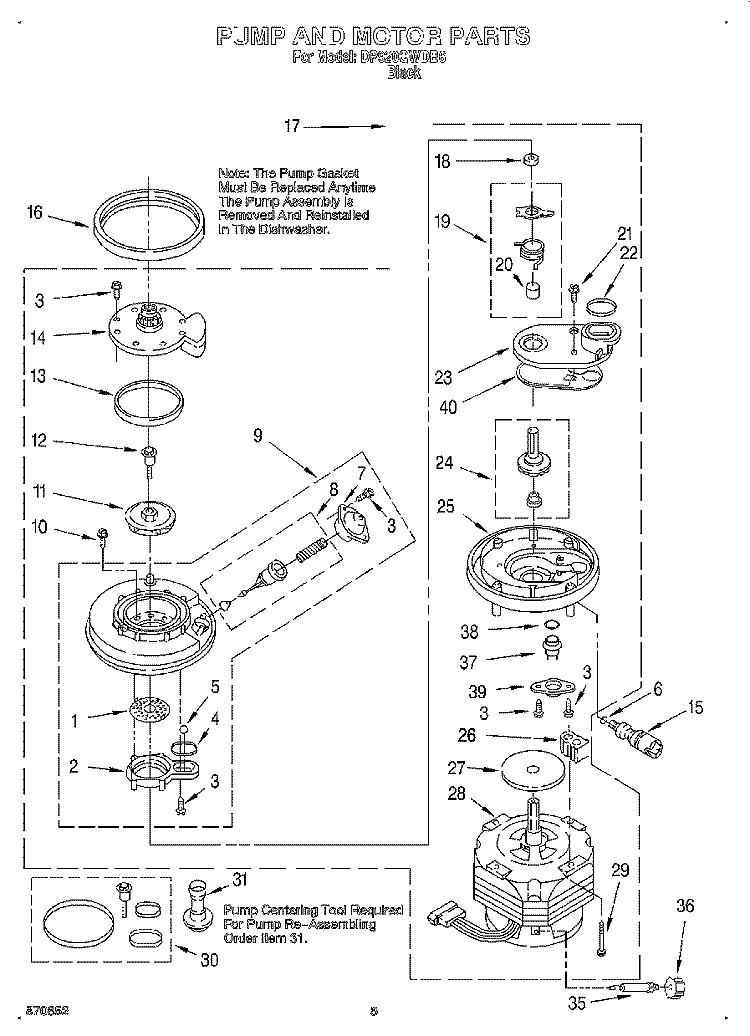 PUMP AND MOTOR Diagram and Parts List for DP920QWDB6  Whirlpool Dishwasher