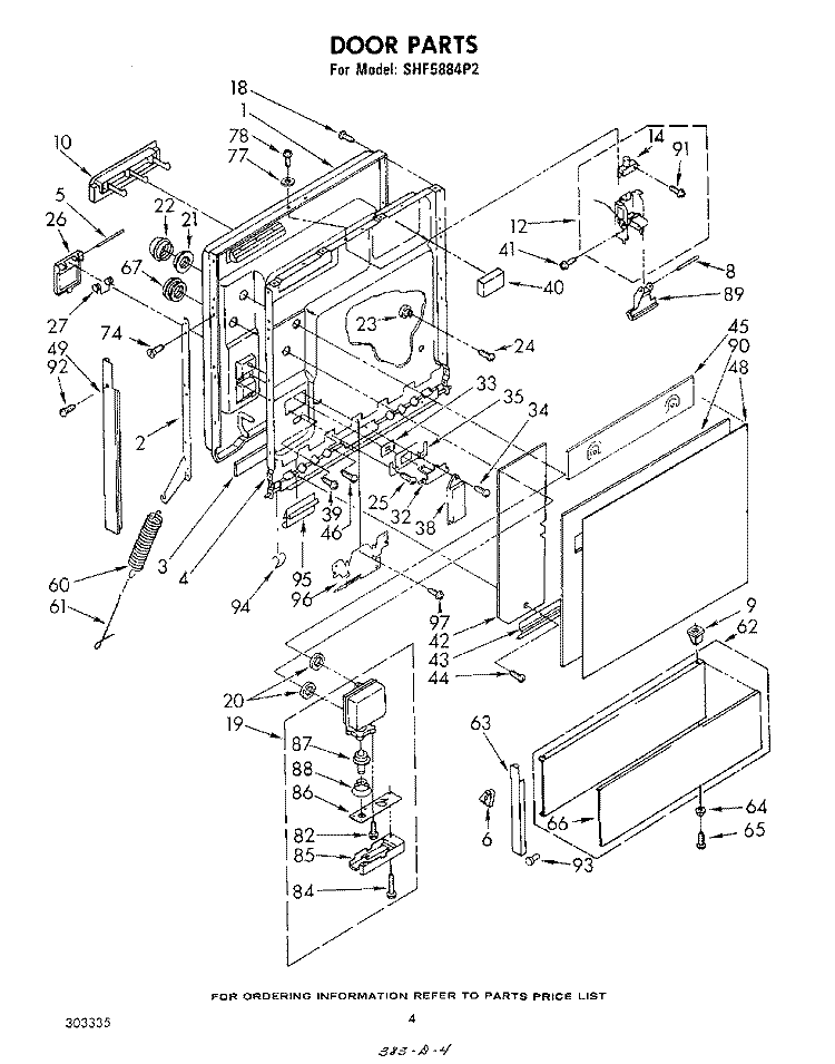 DOOR Diagram and Parts List for SHF5884P2  Whirlpool Dishwasher