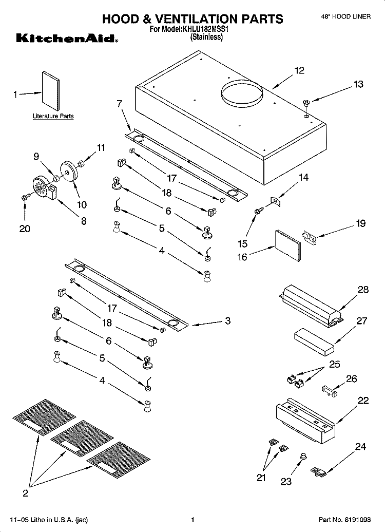 HOOD & VENTILATION PARTS Diagram and Parts List for KHLU182MSS1  KitchenAid Range Hood