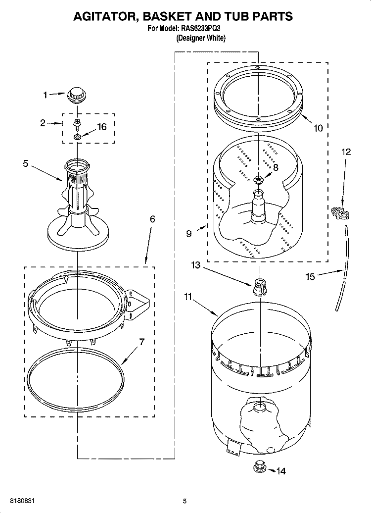 AGITATOR, BASKET AND TUB PARTS Diagram and Parts List for RAS6233PQ3  Roper Washer
