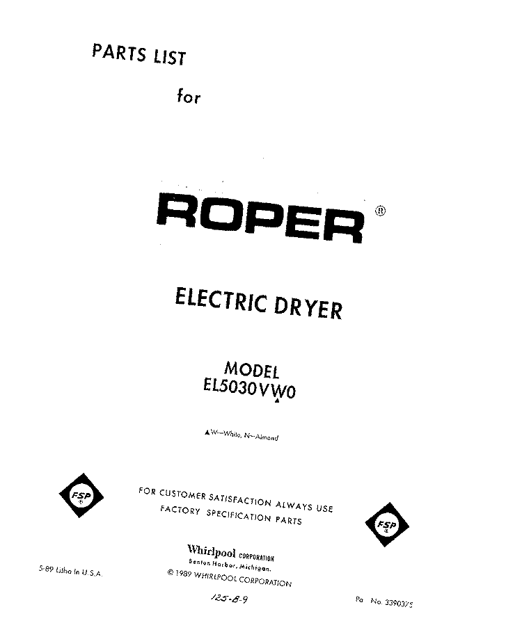 SECTION Diagram and Parts List for EL5030VW0  Roper Dryer