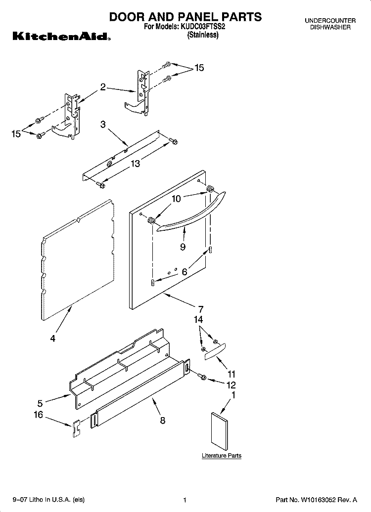 DOOR AND PANEL PARTS Diagram and Parts List for KUDC03FTSS2  KitchenAid Dishwasher