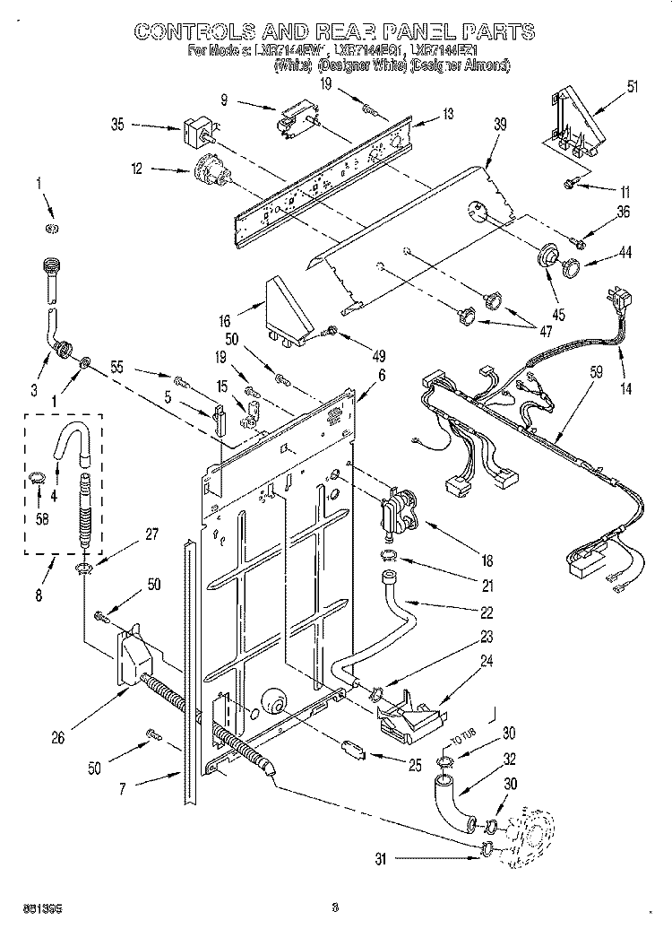 CONTROLS AND REAR PANEL Diagram and Parts List for LXR7144EQ1  Whirlpool Washer