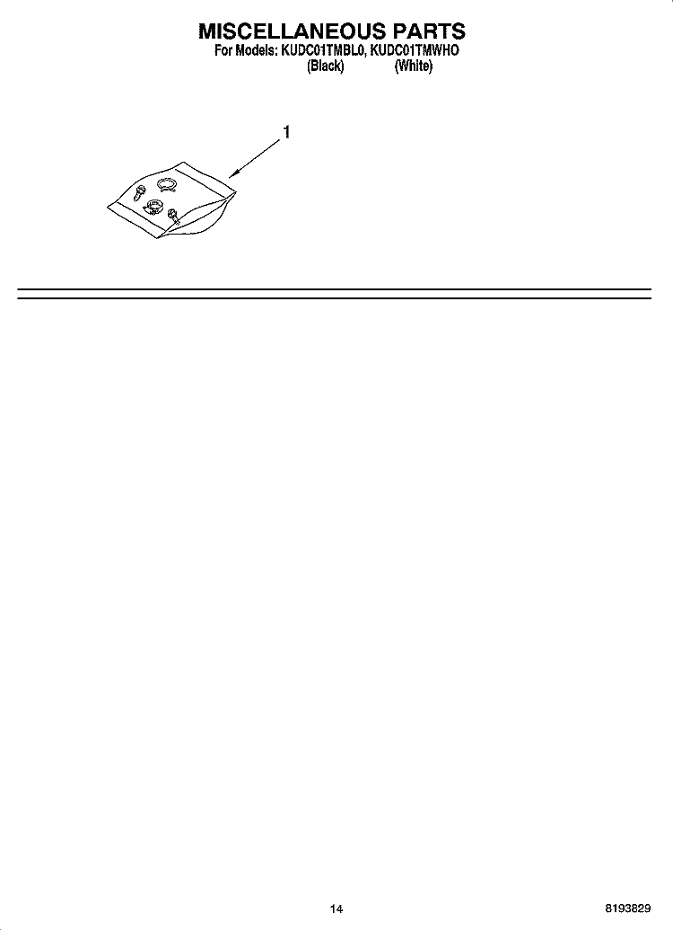 MISCELLANEOUS PARTS OPTIONAL PARTS (NOT INCLUDED) Diagram and Parts List for KUDC01TMBL0  KitchenAid Dishwasher