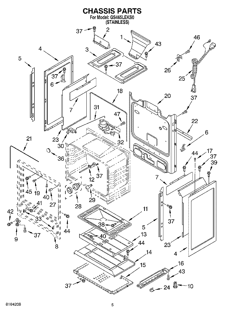CHASSIS Diagram and Parts List for GS465LEKS0  Whirlpool Range