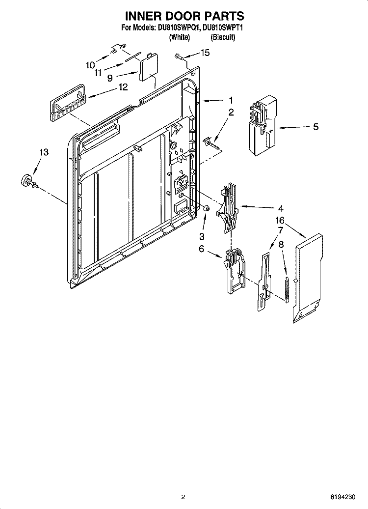 INNER DOOR PARTS Diagram and Parts List for DU810SWPQ1  Whirlpool Dishwasher