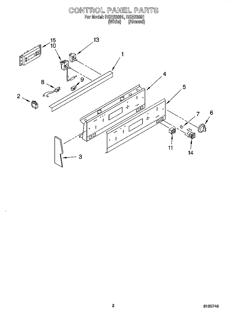 CONTROL PANEL PARTS Diagram and Parts List for RGE23001  Roper Range
