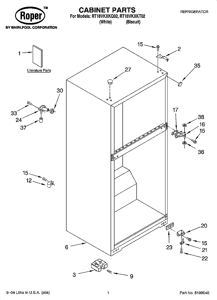 CABINET PARTS Diagram and Parts List for RT18VKXKQ02  Roper Refrigerator