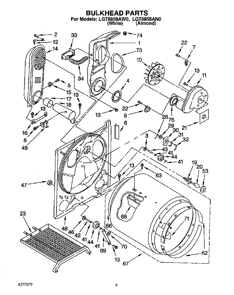 BULKHEAD Diagram and Parts List for LGT8858AN0  Whirlpool Dryer