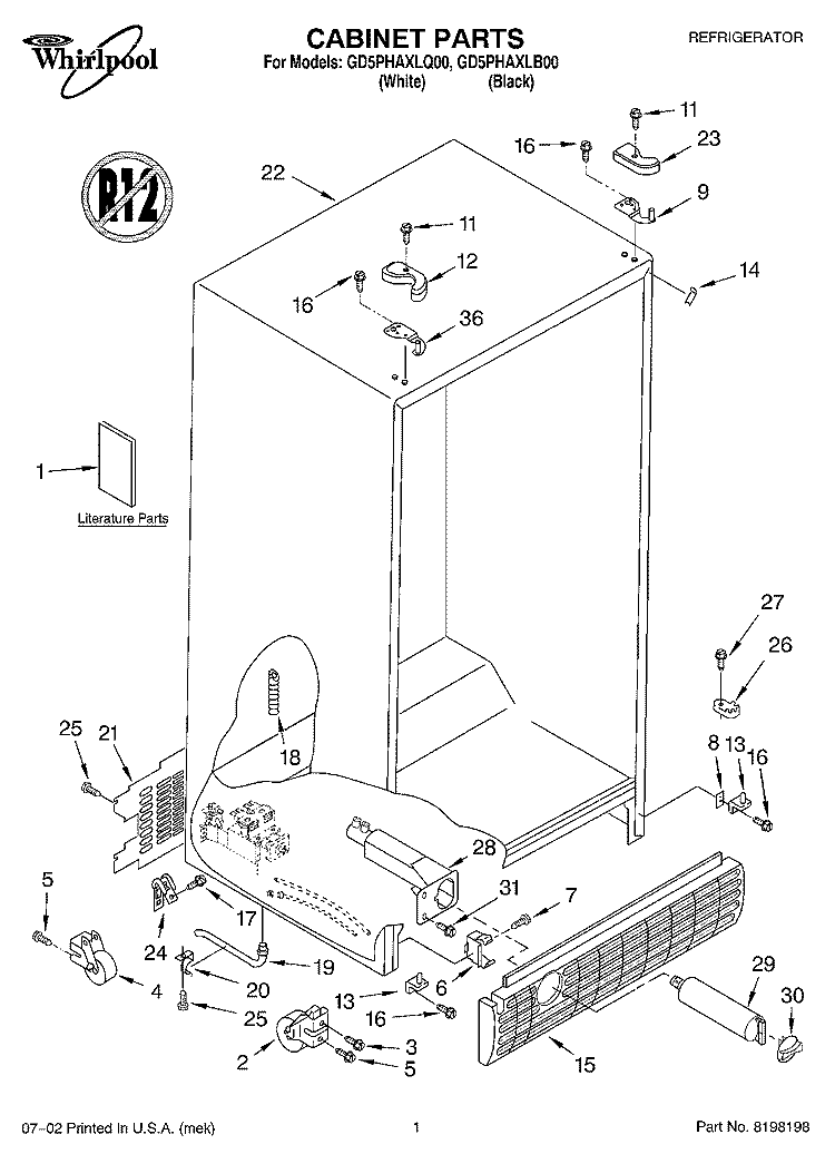 CABINET, LITERATURE Diagram and Parts List for GD5PHAXLB00  Whirlpool Refrigerator