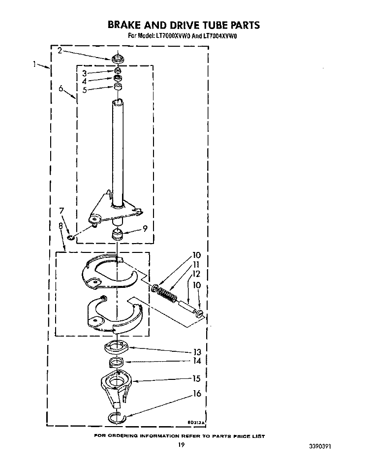 BRAKE AND DRIVE TUBE Diagram and Parts List for LT7000XVW0  Whirlpool Washer Dryer Combo