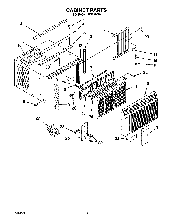 CABINET Diagram and Parts List for ACQ062XA0  Whirlpool Air Conditioner