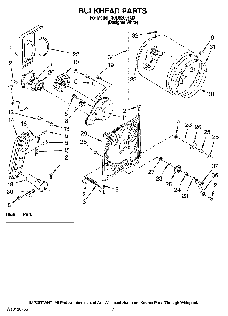 BULKHEAD PARTS, OPTIONAL PARTS (NOT INCLUDED) Diagram and Parts List for NGD5200TQ0  Amana Dryer