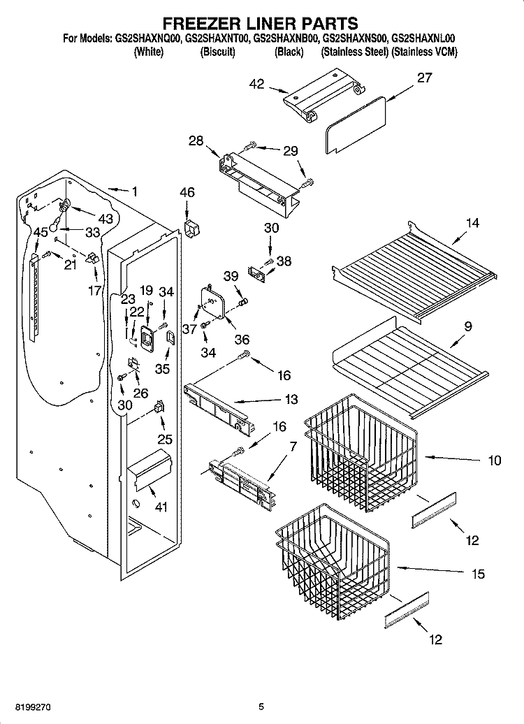 FREEZER LINER PARTS Diagram and Parts List for GS2SHAXNL01  Whirlpool Refrigerator