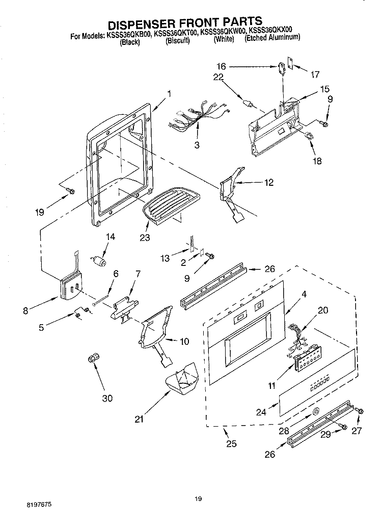 DISPENSER FRONT Diagram and Parts List for KSSS36QKT00  KitchenAid Refrigerator
