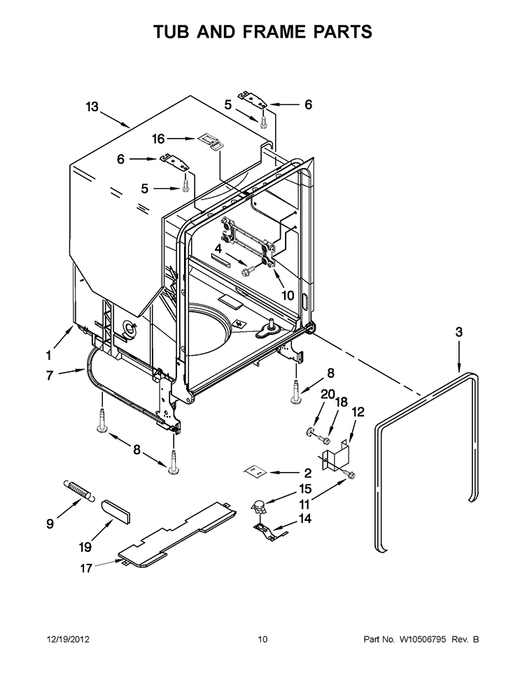 TUB AND FRAME PARTS Diagram and Parts List for WDF530PSYB3  Whirlpool Dishwasher