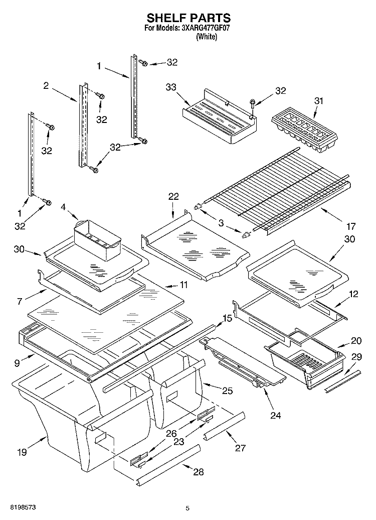SHELF PARTS Diagram and Parts List for 3XARG477GF07  Whirlpool Refrigerator