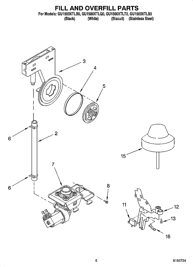 FILL AND OVERFILL PARTS Diagram and Parts List for GU1500XTLB0  Whirlpool Dishwasher