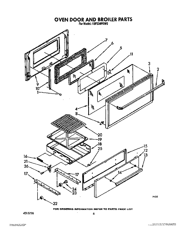 OVEN DOOR AND BROILER Diagram and Parts List for 1SF034PEW0  Whirlpool Range