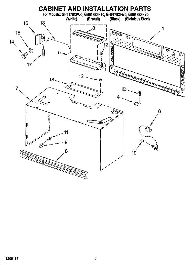 CABINET AND INSTALLATION PARTS Diagram and Parts List for GH6178XPS0  Whirlpool Microwave