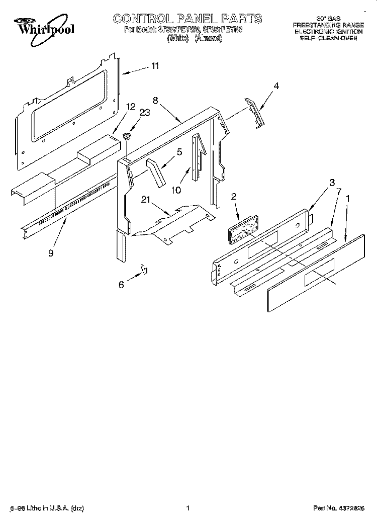 CONTROL PANEL Diagram and Parts List for SF387PEYW8  Whirlpool Range