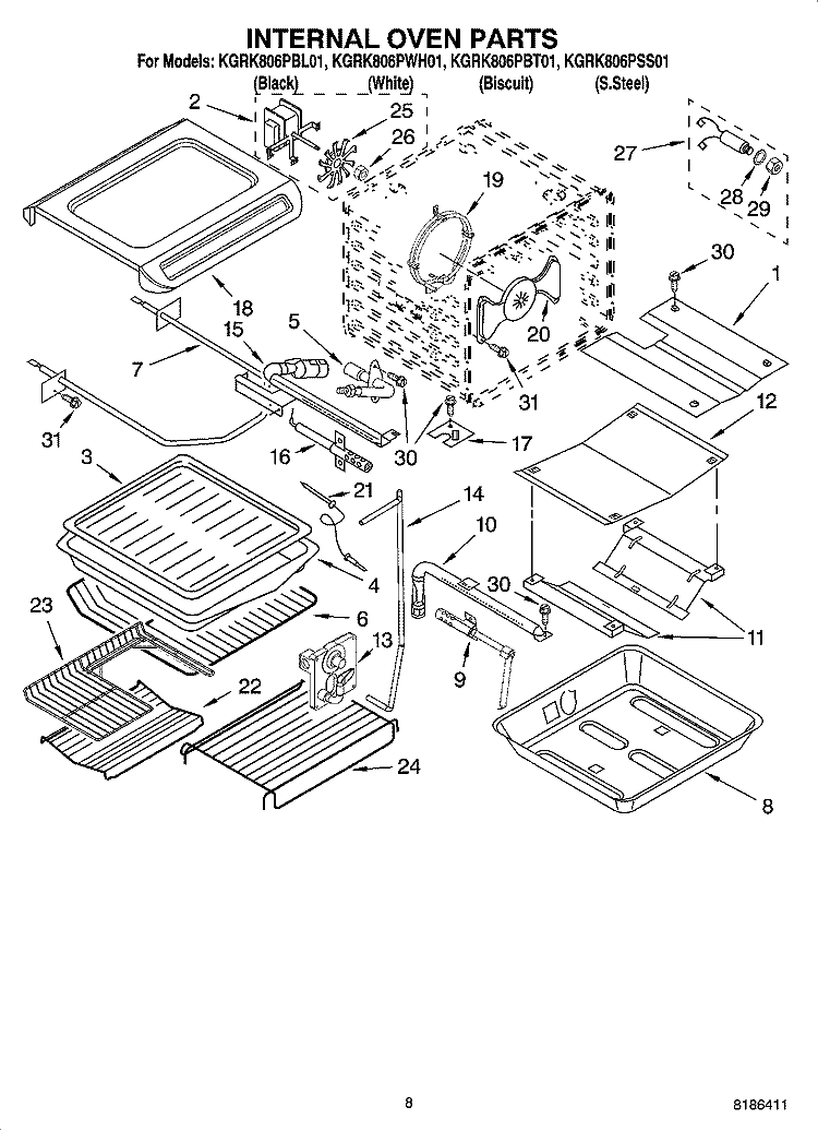 INTERNAL OVEN PARTS Diagram and Parts List for KGRK806PBT01  KitchenAid Range